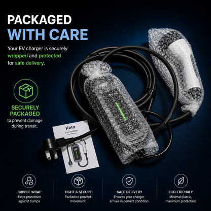 Kela 3kW Type 2 EV Charger – 8m Cable – Adjustable Current – UK 3 Pin Plug
