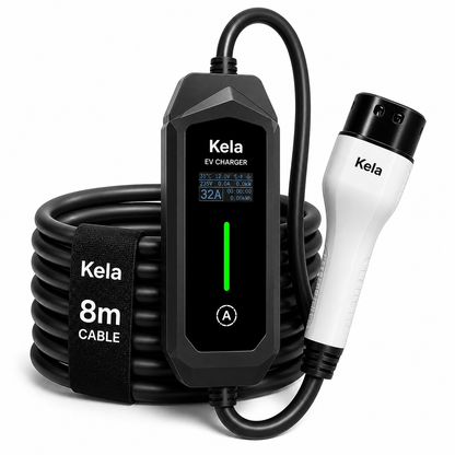 Kela 3kW Type 2 EV Charger – 8m Cable – Adjustable Current – UK 3 Pin Plug