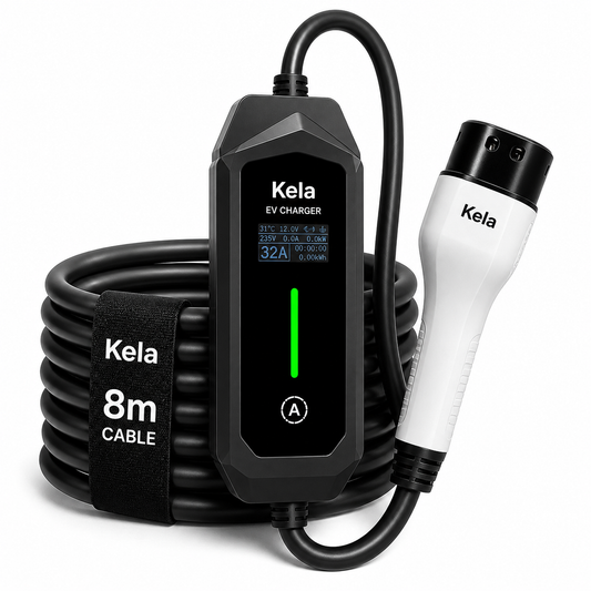 Kela 3kW Type 2 EV Charger – 8m Cable – Adjustable Current – UK 3 Pin Plug