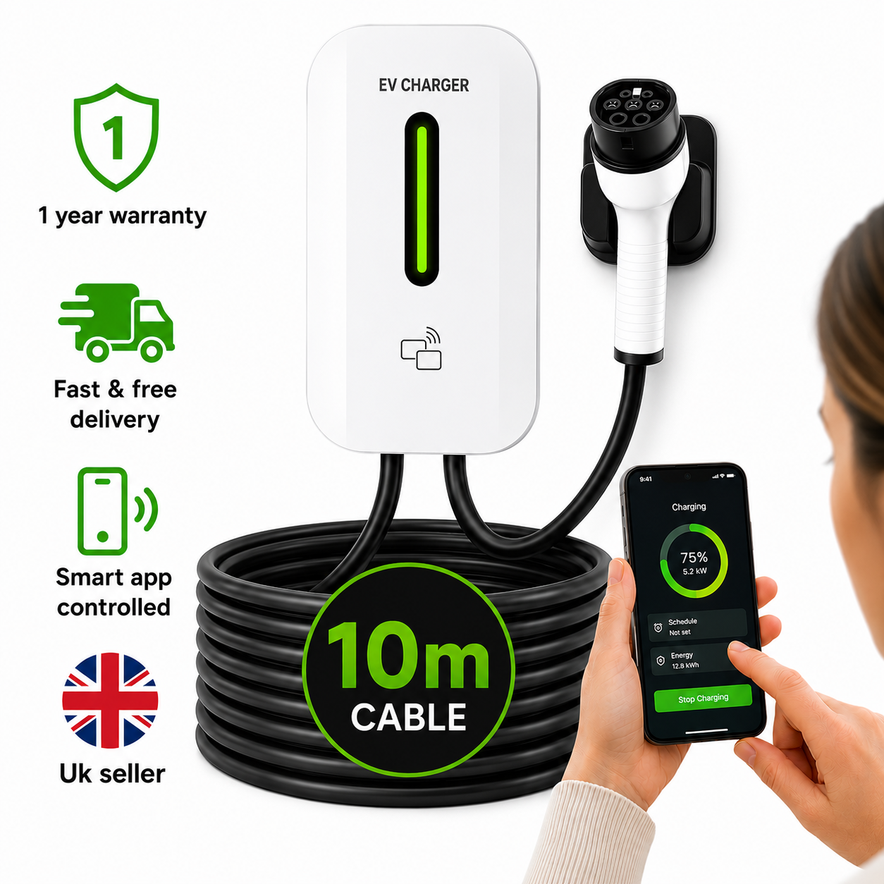 Kela 7kW EV Charger 32A Smart EV Charging Station with 10M Charging Cable Type 2 White