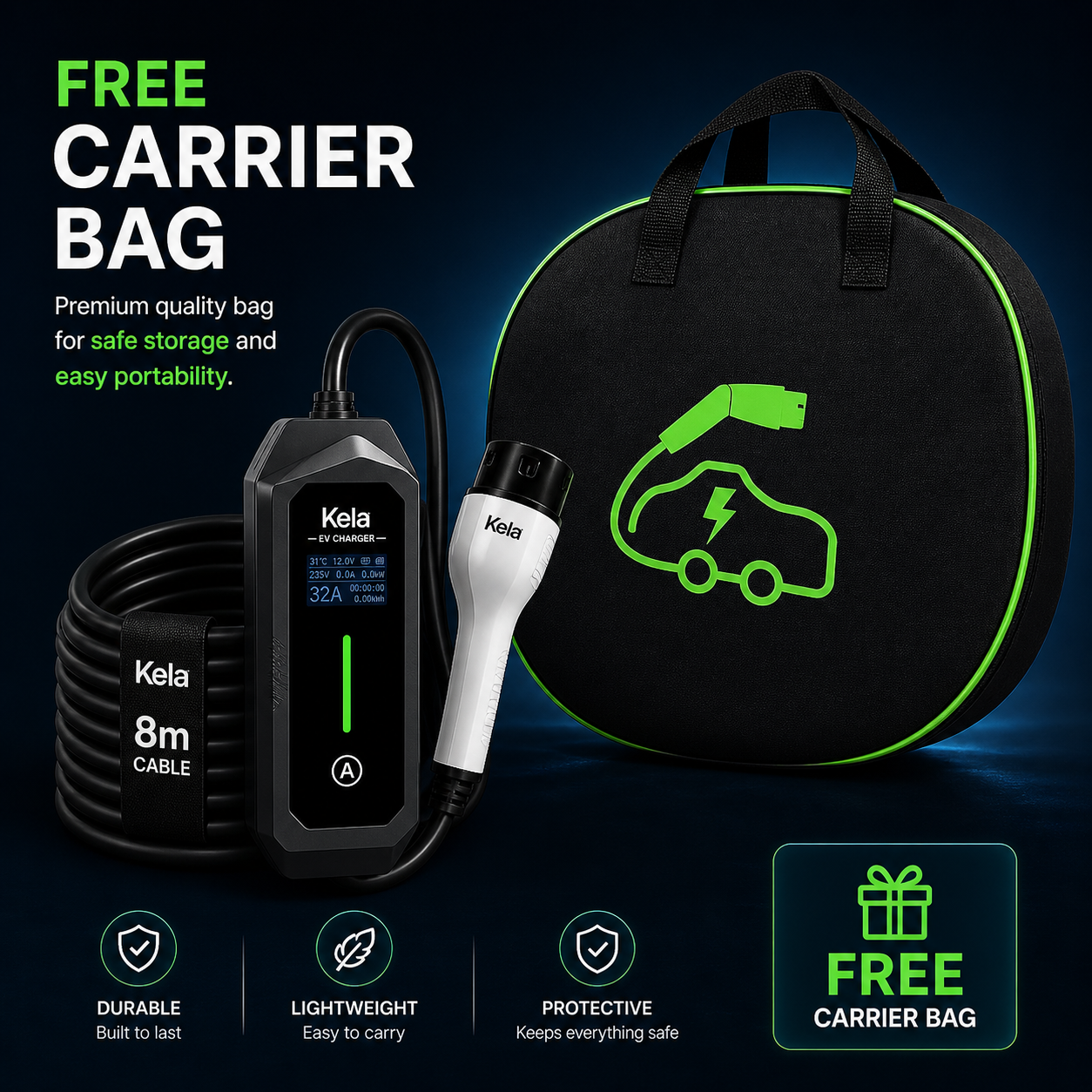 Kela 3kW Type 2 EV Charger – 8m Cable – Adjustable Current – UK 3 Pin Plug