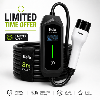 Kela 3kW Type 2 Granny EV Charger – 8m Cable – Adjustable Current – UK 3 Pin Plug