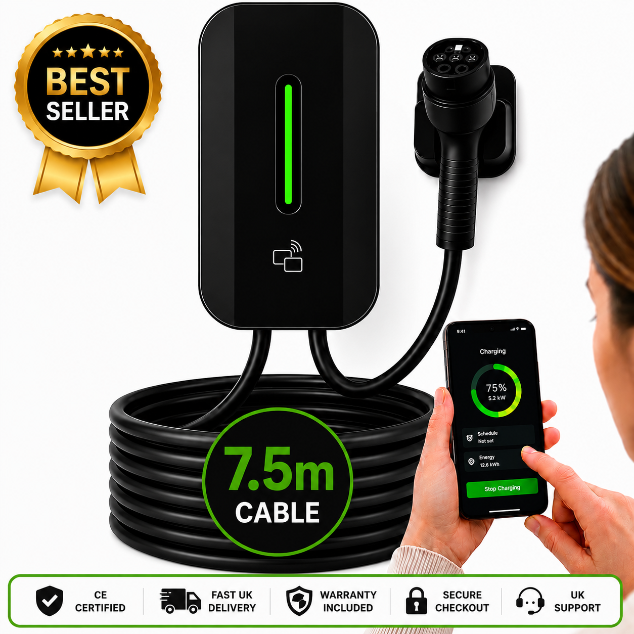 Kela 7kW Smart EV Charger - 7.5M Charging Cable - Type 2 - Black