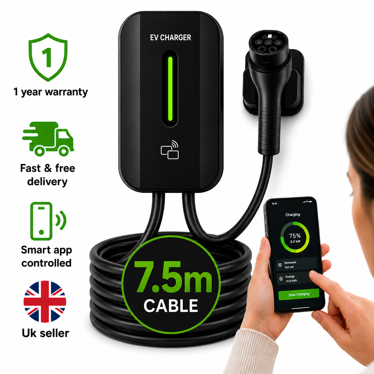 Kela 7kW EV Charger 32A Smart EV Charging Station with 7.5M Charging Cable Type 2 Black