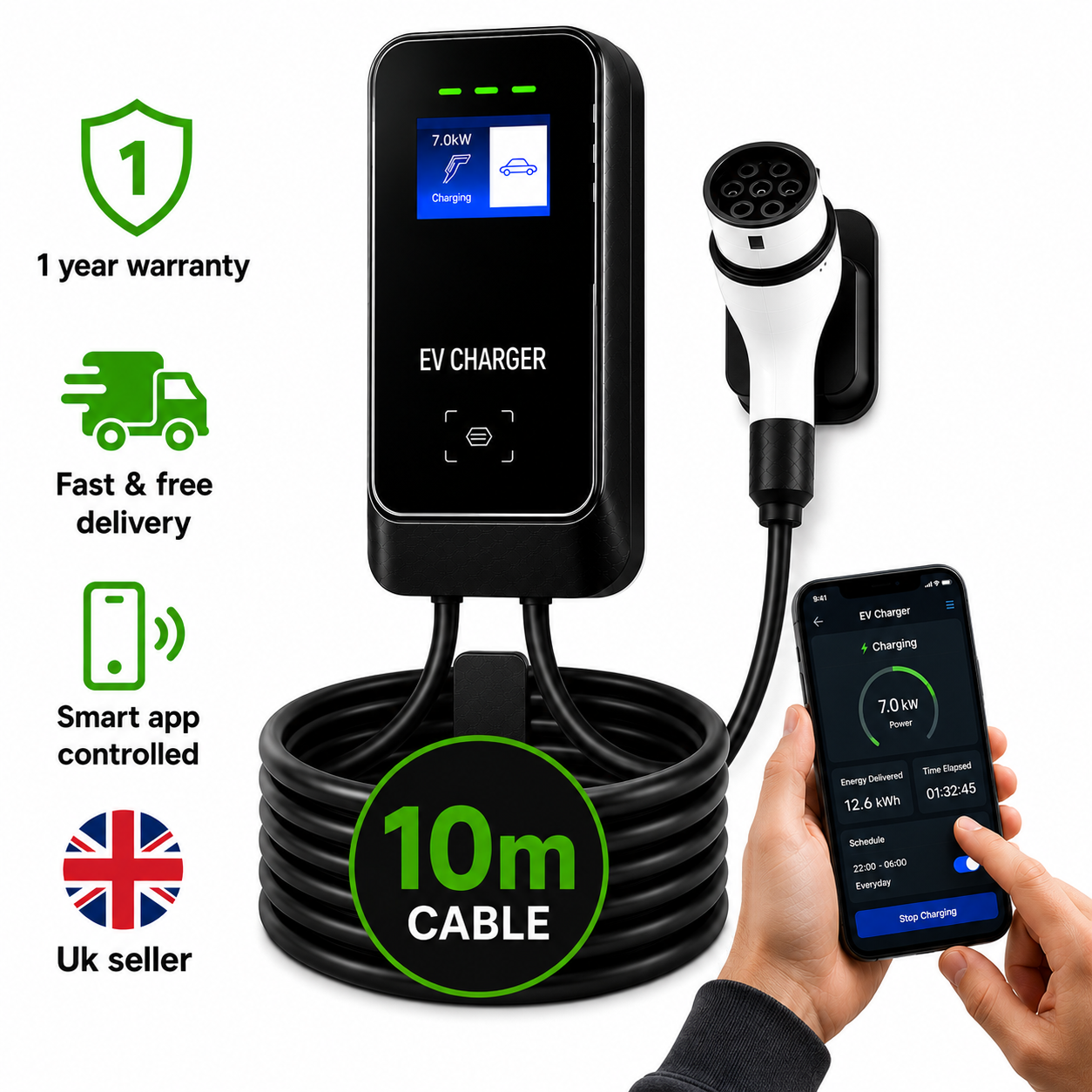Kela 7kW EV Charger 32A Smart EV Charging Station with 10M Charging Cable Type 2 With LCD Screen