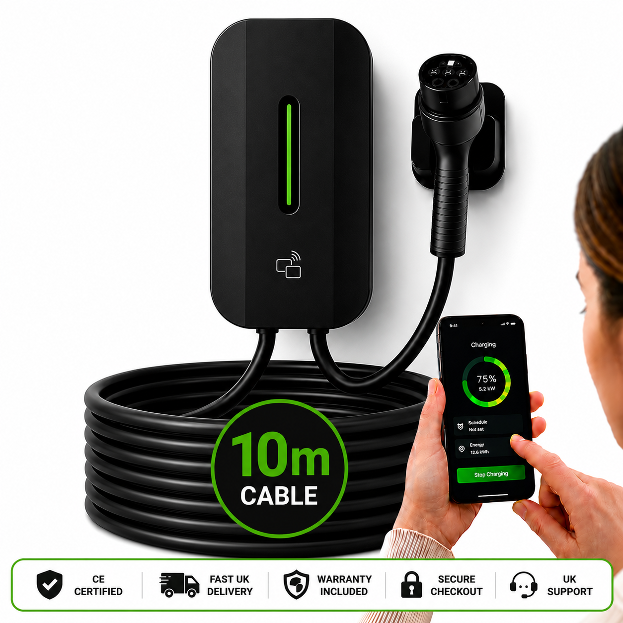 Kela 7kW Smart EV Charger - 10M Charging Cable - Type 2 - Black