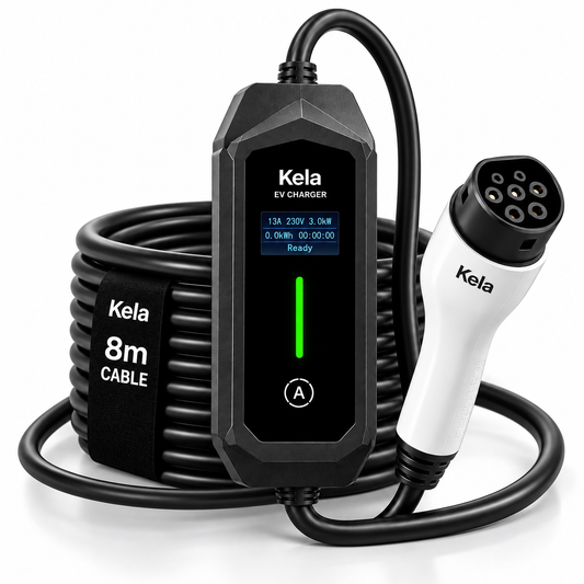 Kela 3kW Portable Type 2 EV Charger – 8m Cable – Adjustable Current – UK 3 Pin Plug