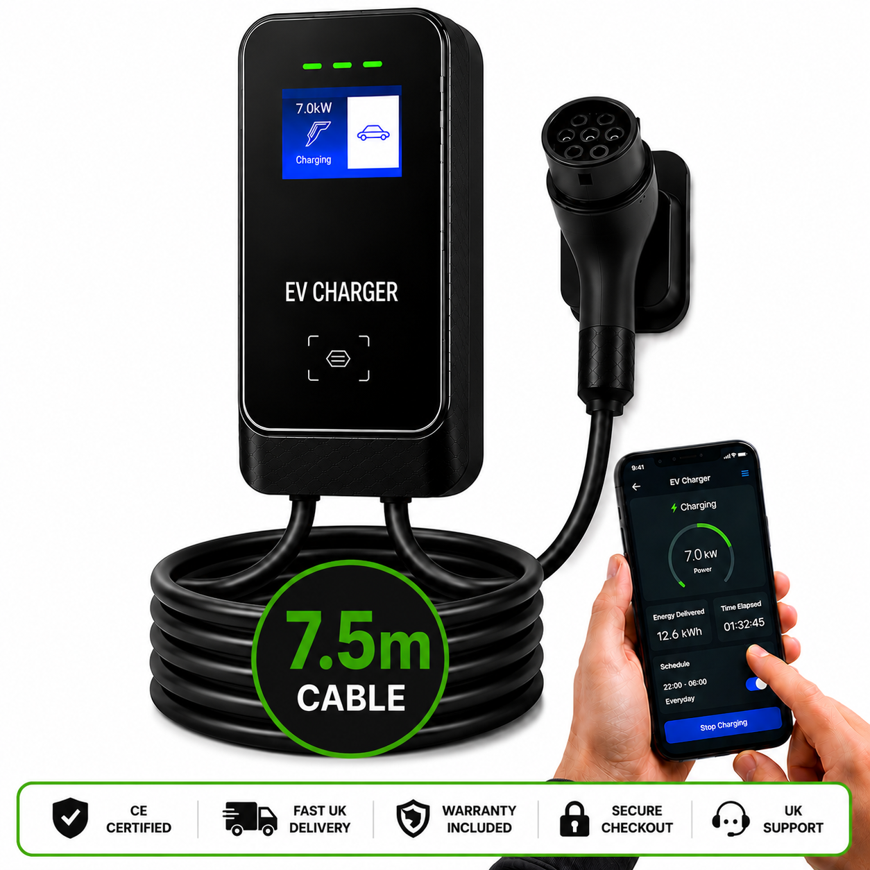 Kela 7kW Smart EV Charger - 7.5M Charging Cable - Type 2 - Digital Screen